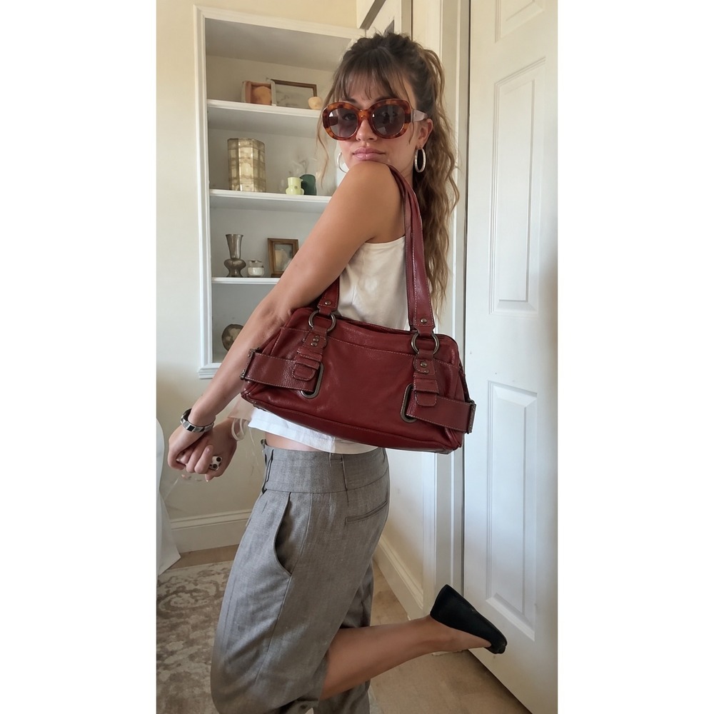 Ox Red Leather Shoulder Bag Gunmetal Hardware Satchel Purse Burgundy